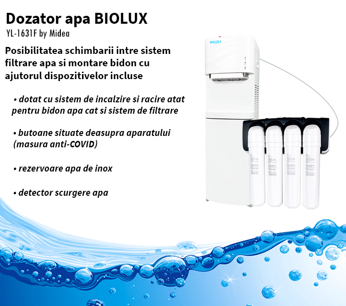Dozator apa cu bidon si frigider BIOLUX YL-1631S-E by Midea (include dispozitiv trecere la sistem filtrare)