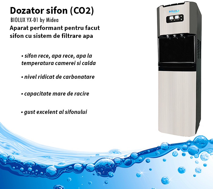 prezentare Dozator sifon (CO2) apa rece/ambientala/calda si sistem de filtrare BIOLUX YX-01 by Midea